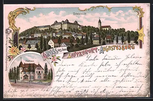 Lithographie Augustusburg, Waldhaus mit Strasse, Totalansicht