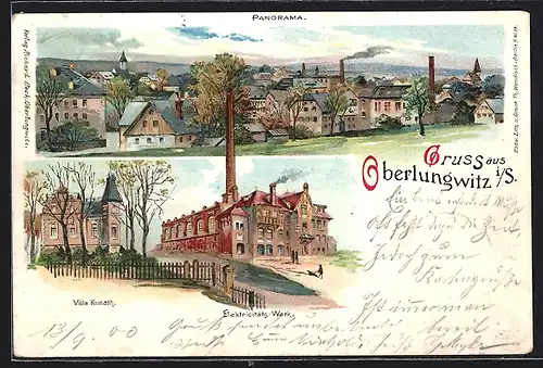 Lithographie Oberlungwitz, Strassenpartie am Elektrizitätswerk mit Villa Kunath, Totalansicht
