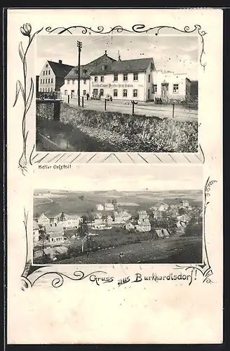 AK Burkhardtsdorf, Strassenpartie mit Gasthof zum Deutschen Haus, Gesamtansicht aus der Vogelschau