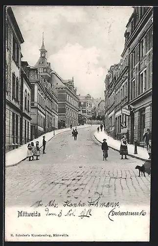 AK Mittweida, Deckerstrasse mit Gasthaus Akademische Bierhallen, Kindergruppe