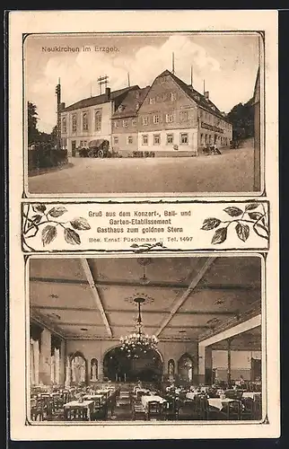 AK Neukirchen / Erzgeb., Gasthaus zum goldnen Stern, Aussen- u. Innenansicht, Pferdegespann