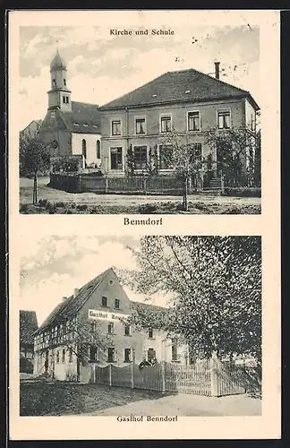 AK Benndorf / Frohburg, Gasthof mit Strasse, Kirche und Schule