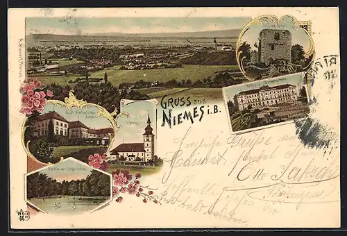 Lithographie Niemes i. B., Ruine Roll, Graf Hartig`sches Schloss, Partie vom Schlossteich