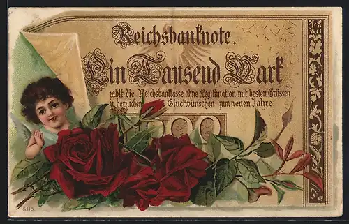 AK Reichsbanknote Ein Tausend Mark, Engel und Rosen, Geld