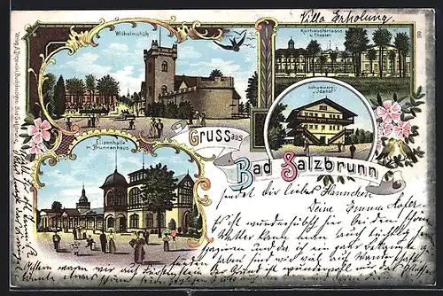 Lithographie Bad Salzbrunn, Kurhausstrasse mit Theater, Wilhelmshöh, Schweizerei Idahof