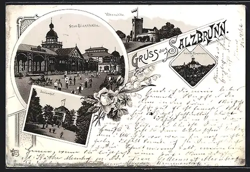 Lithographie Salzbrunn, Neue Eisenhalle, Wilhelmshöhe, Louisenhof