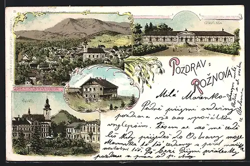 Lithographie Roznov p. R., Namesti, Lecebni dum, Ortsansicht