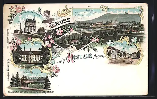 Lithographie Bystrice p. Hostynem / Bistritz am Hostein, Schloss, Curhaus, Ringplatz, Wallfahrtskirche