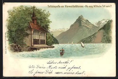 Künstler-AK Seelisberg, Tellskapelle am Vierwaldstättersee, Wo mag Wilhelm Tell sein, optische Täuschung