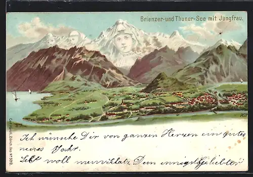 Lithographie Künzli Nr. 5018: Brienzer und Thuner See mit Jungfrau, Berg mit Gesicht / Berggesichter