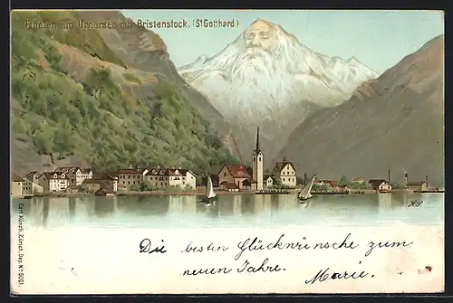 Lithographie Künzli No. 5021: Fluelen am Urnersee, mit Bristenstock, St. Gotthard, Berg mit Gesicht / Berggesichter