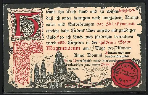 Künstler-AK Mainz, Absolvia 1913, Ortsansicht