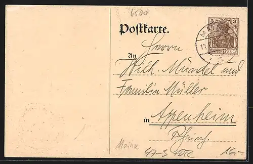 Künstler-AK Mainz, Absolvia 1913, Ortsansicht