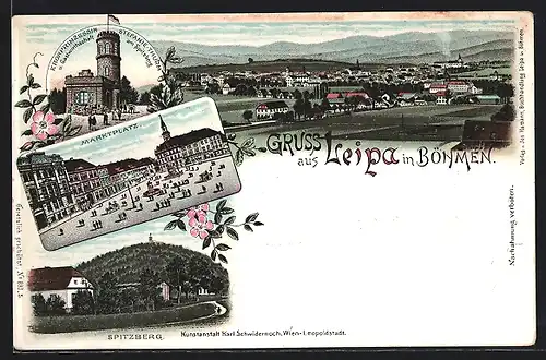 Lithographie Leipa in Böhmen, Kronprinzessin Stefanie-Turm, Marktplatz, Spitzberg