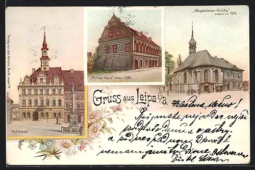 Lithographie Leipa, Rotes Haus, Magdalenen-Kirche, Rathaus