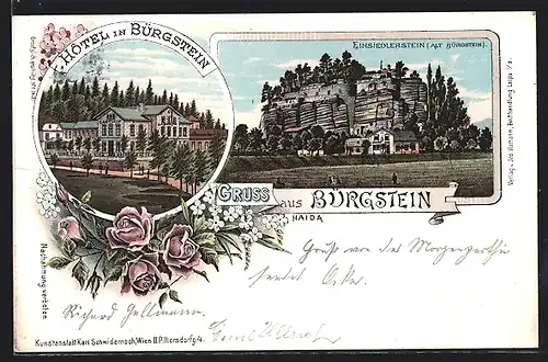 Lithographie Bürgstein, Hotel, Einsiedlerstein
