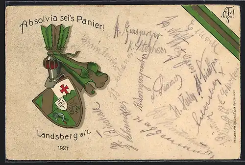Künstler-AK Landsberg a. L., Studentenwappen, Absolvia 1927