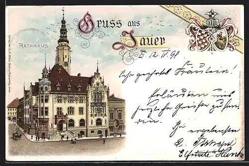Lithographie Jauer, Rathaus und Wappen