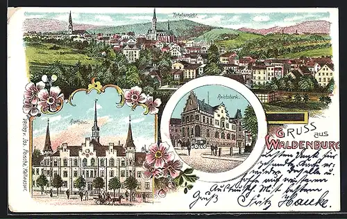 Lithographie Waldenburg, Rathaus, Reichsbank, Ortsansicht aus der Vogelschau