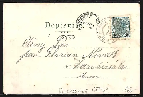 Lithographie Buchlov, Burgpanorama mit Detailansicht