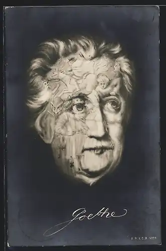 AK Dichter J. W. v. Goethe, Gesicht geformt aus Figuren seiner Geschichten