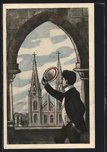 Künstler-AK Regensburg, Student grüsst mit seiner Mütze