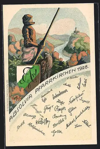Künstler-AK Pfarrkirchen, Absolvia 1928, Ritter in Rüstung