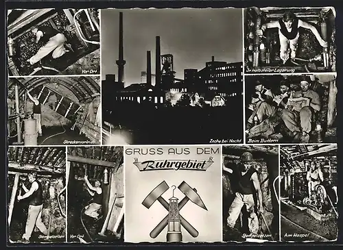 AK Gruss aus dem Ruhrgebiet, Zeche bei Nacht, Bergmänner unter Tage