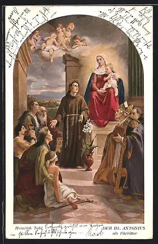 Künstler-AK S. Antonius Paduanus miseros commendat, der Schutzpatron wird von Maria mit dem Kind und Engeln begleitet