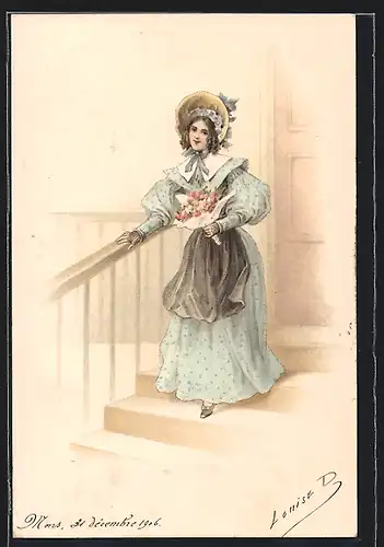 AK Fräulein mit Blumenstrauss an der Treppe, Biedermeier