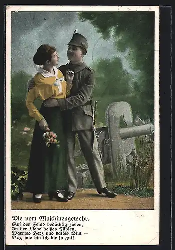 AK Soldat in Uniform mit Tschako umarmt seine Liebste am Maschinengewehr