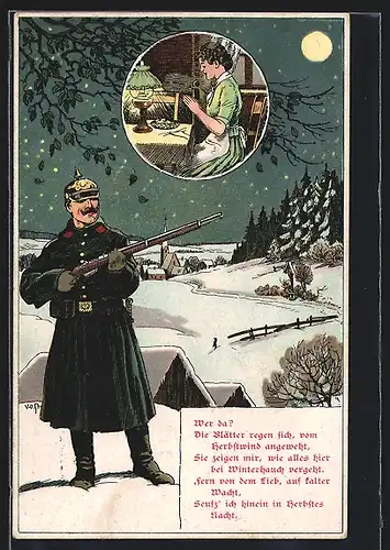 AK Wer da? Die Blätter regen sich, vom Herbstwind angeweht..., Soldat in einer Winternacht, Frau beim Gebet