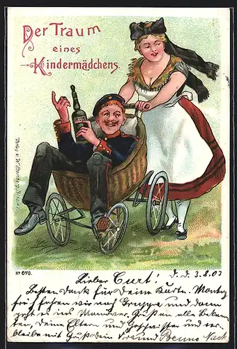 AK Der Traum eines Kindermädchens, Soldat mit Rum in einem Kinderwagen sitzend