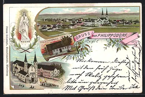 Lithographie Phililppsdorf, Gnadenhaus, Ortsansicht, Kirche