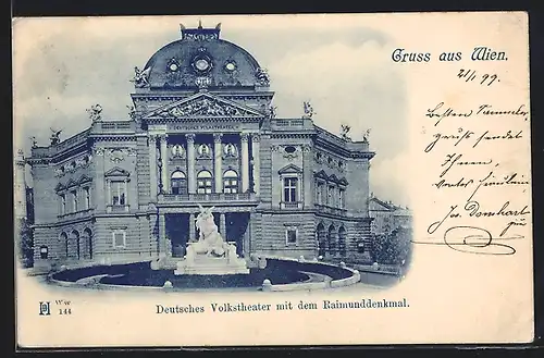 AK Wien, Deutsches Volkstheater mit Raimunddenkmal