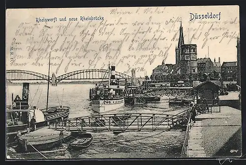 AK Düsseldorf, Rheinwerft und neue Rheinbrücke