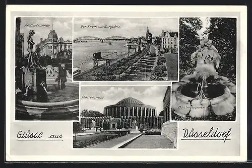 AK Düsseldorf, Planetarium, Märchenbrunnen, Kinderbrunnen, Burgplatz