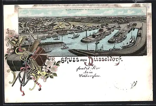 Lithographie Düsseldorf, neue Rheinhafen aus der Vogelschau