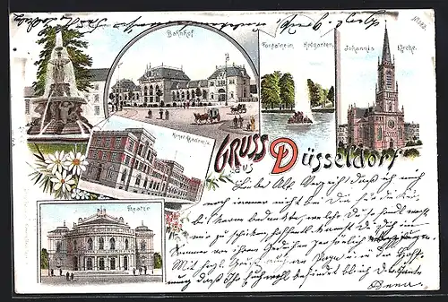 Lithographie Düsseldorf, Bahnhof, Brunnen in der Königsallee, Theater