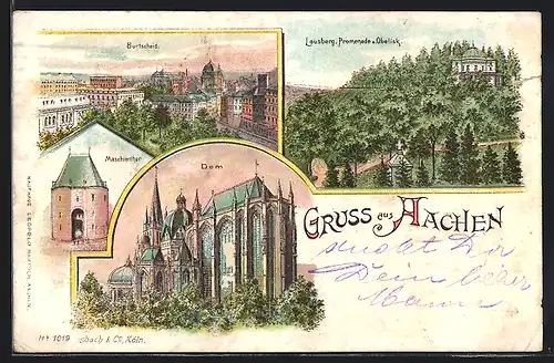 Lithographie Aachen, Dom, Marschierthor, Lousberg Promenade