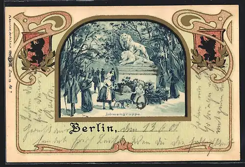 Winter-Lithographie Berlin-Tiergarten, Löwengruppe mit Passanten, Wappen