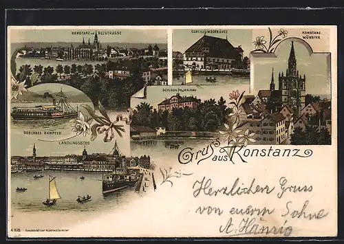 Lithographie Konstanz, Münster, Bodensee Dampfer, Conciliumsgebäude