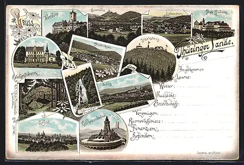 Lithographie Gotha, Wartburg, Eisenach, Friedrichroda, Liebenstein, Erfurt, Kyffhäuserdenkmal