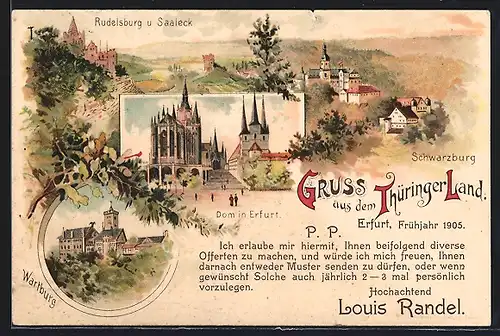 Lithographie Schwarzburg, die Wartburg, Rudeslberg und Saaleck, Dom in Erfurt