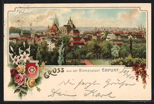 AK Erfurt, Panorama mit Wappen und Blumen