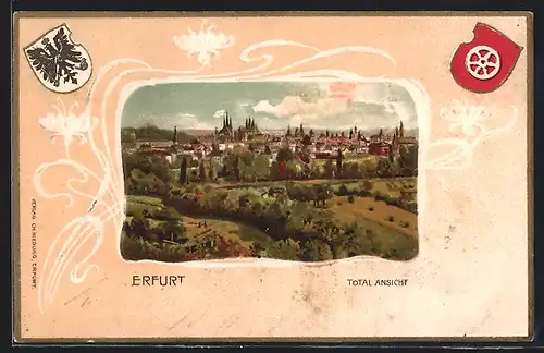 Passepartout-Lithographie Erfurt, Totalansicht mit Zentrum, Wappen