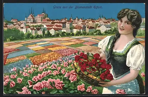 AK Erfurt, Junges Mädchen mit einem Korb Rosen grüsst aus der Blumenstadt