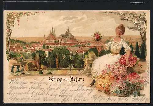 Lithographie Erfurt, Blumenmädchen mit Blumen vor Ortsansicht
