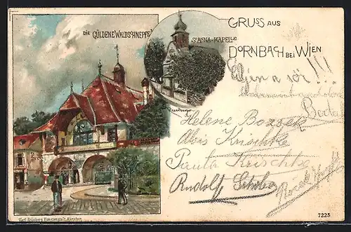 Lithographie Wien-Dornbach, Restaurant Güldene Waldschnepfe, St. Anna-Kapelle