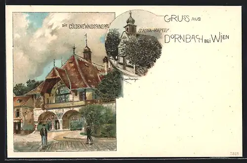 Künstler-Lithographie sign. Rosenberger: Wien-Dornbach, Die güldene Waldschnepfe, St. Anna-Kapelle